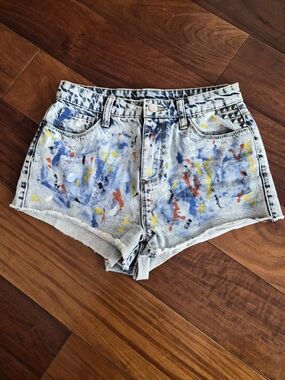 Paint Splatter Studded Acid Wash Denim Shorts - Fits XS